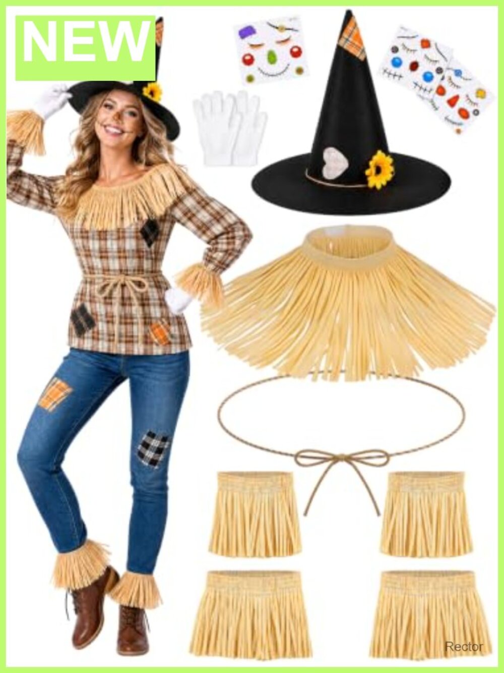Women's Scarecrow Costume Accessories Set 12 Pcs Witch Hat Raffia